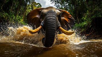 Majestic Elephant Charging Through Water, Creating a Powerful Splash. photo