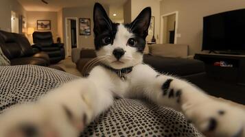 Adorable Kitten Takes a Selfie While Relaxing on the Couch. photo