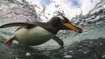 Penguin diving through shimmering water on a sunny day. photo