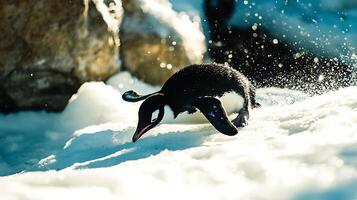 Penguin takes a splash in the icy water, a dynamic frozen moment. photo