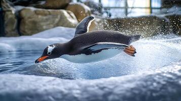Penguin leaps out of icy water with dynamic splash and motion. photo