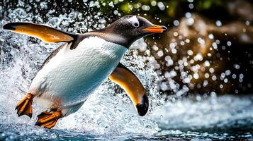Penguin Jumps Out Of The Water, Splashing And Emerging. photo