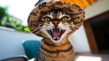 Close Up Of A Cat Wearing A Straw Hat With Mouth Wide Open. photo