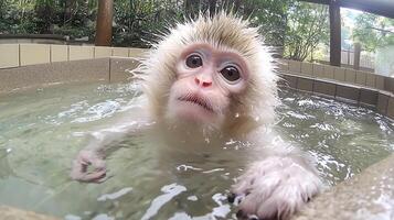 Adorable Snow Monkey Enjoys a Relaxing Bath in Hot Spring Water. photo