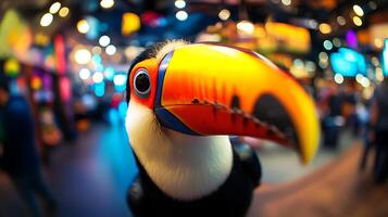 Bright Toucan Face Close Up In A Blur Of Colorful Lights. photo