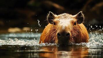 Capybara emerging from water, a close-up with splashes and reflection. photo