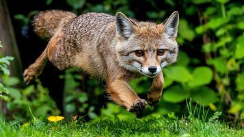 Fox mid jump focused on prey in grassy green nature. photo