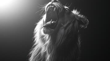 Majestic Lion Roaring with Full Mane and Sharp Teeth in Dramatic Light. photo