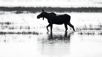 Majestic Moose Striding Through Misty Water with Reflection. photo