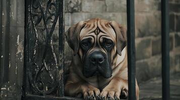 Majestic Mastiff guarding ancient stone fortress behind intricate iron gate. photo
