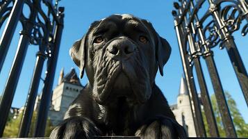 Majestic Guardian Dog with Golden Eyes and Castle Background. photo