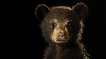 Adorable Black Bear Cub with Curious Eyes Gazes Into Camera. photo