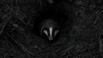 A Lone Badger Emerges From Its Dark, Earthy Den. photo