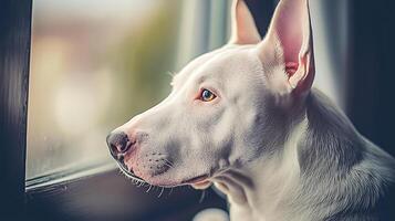 White dog with alert eyes looks out window at soft focus background. photo
