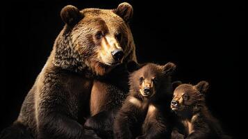 Protective Mother Bear and Her Cubs Against Dark Background. photo