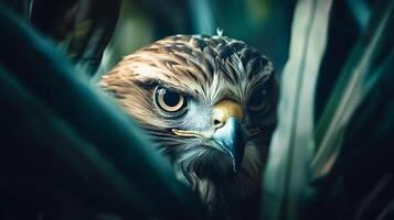 Majestic Bird of Prey Emerges From Lush Greenery in Close Up Portrait. photo