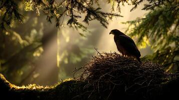 Majestic Hawk Sits In Its Nest Among Sunlit Forest Branches. photo