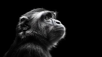 Striking Close Up Portrait of a Monkey Looking Upwards in Monochrome. photo