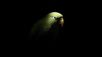 Striking Green Parrot in Dramatic Spotlight Against a Dark Background. photo