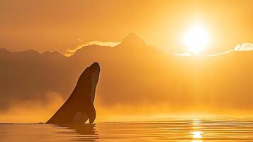 Orca breaching in golden sunrise ocean with mountain backdrop. photo