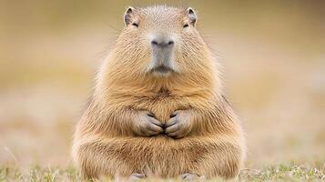 Adorable Capybara Sits Peacefully with Its Hands Clasped Together. photo