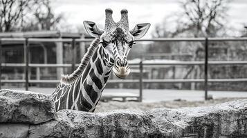 A Close Up Look at a Majestic Giraffe's Face in Black and White. photo