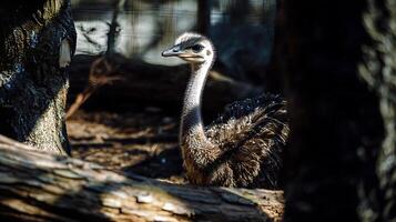 Curious Ostrich Chick Peeking Through Textured Tree Bark. photo
