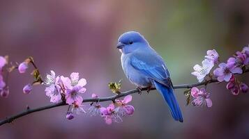 Serene Blue Bird Perched on a Blossoming Cherry Tree Branch. photo
