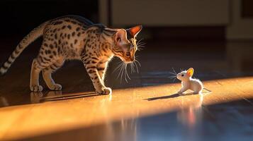 Kitten Curious About Tiny Mouse in Warm Sunlight. photo