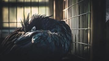 A Bird's Rest Behind Bars, Peaceful Slumber in Captivity. photo