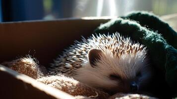 Adorable Hedgehog Sleeps Peacefully in Cozy Nest with Warm Sunlight. photo