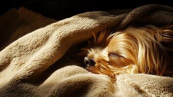 Adorable yorkie dog sleeping cozy and warm under a soft blanket. photo