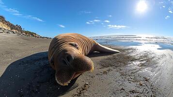 Adorable Walrus Resting on a Sandy Beach Under a Bright Sunny Sky. photo