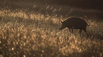 Wild Pig Forages in Golden Field at Sunrise, Gentle Light. photo