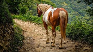 Majestic Horse Walking on a Rocky Mountain Trail Through Greenery. photo
