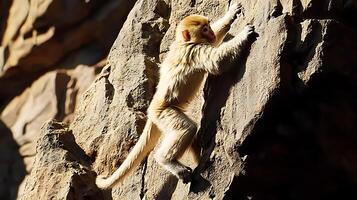 Agile Monkey Climbs Rocky Cliff Face in Sunlight. photo
