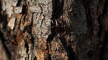 Close up of a beetle crawling on textured tree bark in sunlight. photo