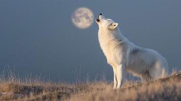 Majestic Wolf Howls to the Full Moon in a Serene Landscape. photo