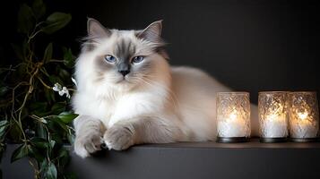 Serene Ragdoll Cat with Glowing Candles and Greenery photo