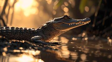 Ancient Reptile Rests in Golden Sunlit Water, Majestic Wildlife Close Up. photo