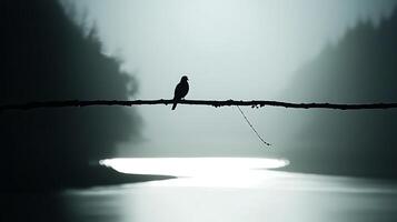 Lone Bird Perched on a Branch Above a Foggy, Reflective Lake. photo
