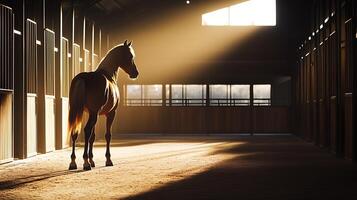 Majestic Horse Bathed in Warm Sunlight in an Empty Stable. photo