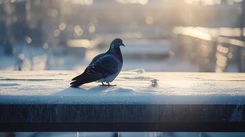 A lone pigeon stands on a frosty surface in warm morning light. photo