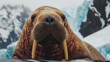 Majestic Walrus Face Close Up in Icy Arctic Waters. photo