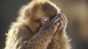 Adorable Monkey Cub Hiding Face in Paws with Soft Sunlight. photo