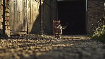 A Tabby Cat Walks Forward in Warm Golden Hour Sunlight. photo