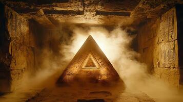 Ancient Egyptian Pyramid Chamber With Mysterious Fog And Hieroglyphs. photo