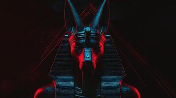Ethereal Anubis Head with Glowing Egyptian Symbols and Red Accents. photo