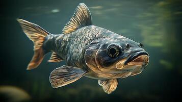 Close Up Of A Fish Swimming In Dark Water With Golden Fins. photo