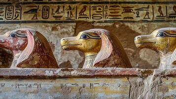 Ancient Egyptian Animal Statues Guarding Hieroglyphic Secrets Within a Temple. photo